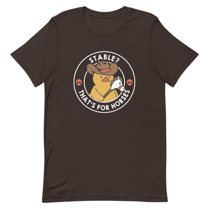 A cute duck dressed as a cowboy, wearing a hat and holding a wood horse, surrounded by the phrase "Stable? That's for horses". This design blends dark humor and cuteness, punning on emotional stability and a stable. Perfect for duck lovers, funny prints, and fans of irreverent humor.