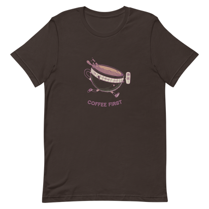 A cute coffee cup with arms and legs runs excitedly, while the drink overflows in motion. This artwork represents the energy of the first sip of coffee and the idea that everything starts better after that. Perfect for coffee lovers, people with a good sense of humor, and anyone who needs a morning energy boost.