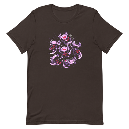 Several axolotls dressed as ninjas, each in different, energetic poses. This design combines cuteness and martial arts in a fun and unique scene. Ideal for axolotl fans, Japanese culture lovers, and those who enjoy fun and original prints.