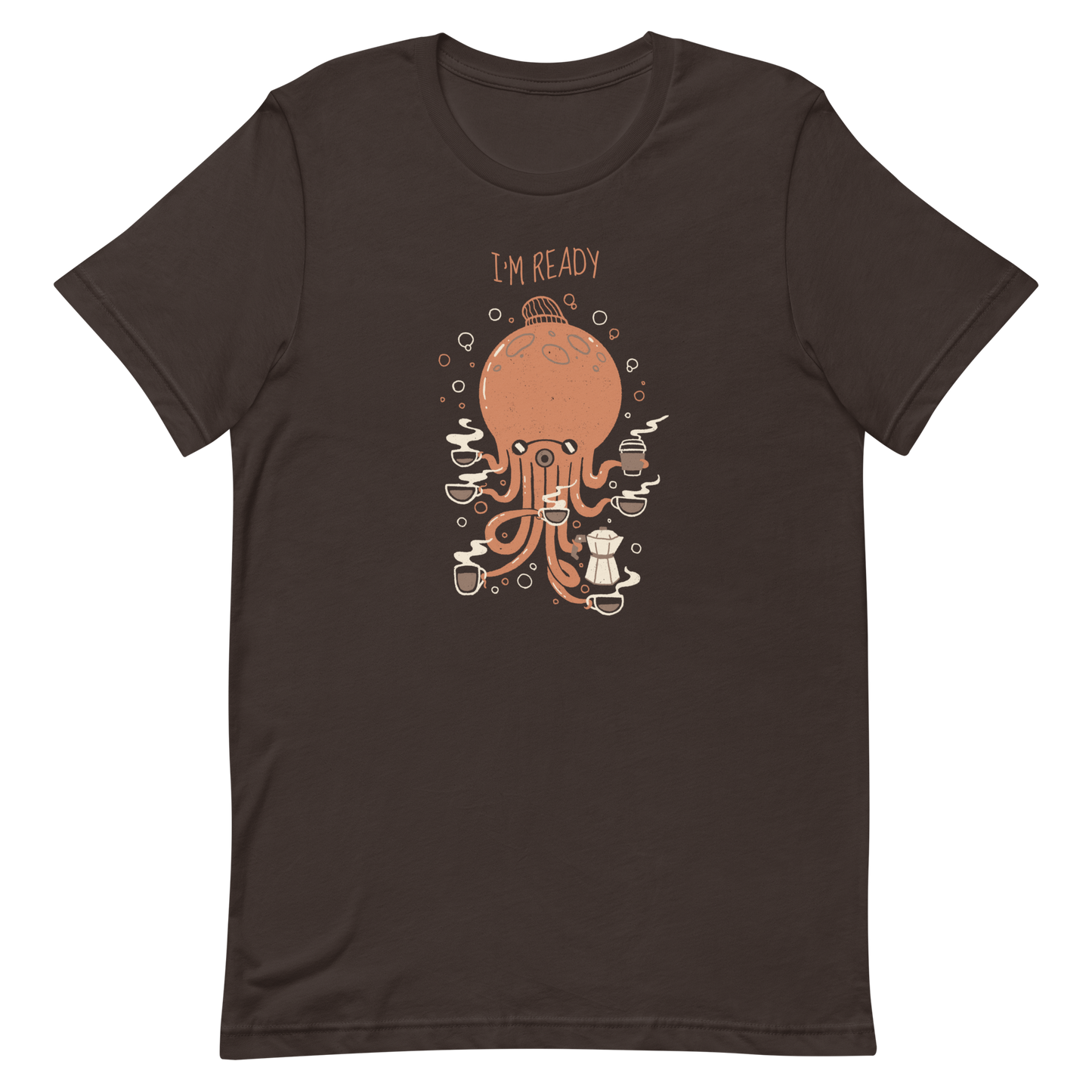 An orange octopus wearing a cap, balancing several cups of steaming coffee on its tentacles. This design blends the marine world with a passion for coffee, creating a fun and energetic scene. Ideal for coffee lovers, fans of funny illustrations, and anyone who needs a stylish morning pick-me-up.