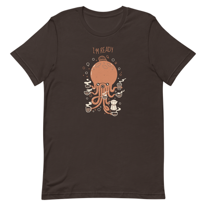 An orange octopus wearing a cap, balancing several cups of steaming coffee on its tentacles. This design blends the marine world with a passion for coffee, creating a fun and energetic scene. Ideal for coffee lovers, fans of funny illustrations, and anyone who needs a stylish morning pick-me-up.