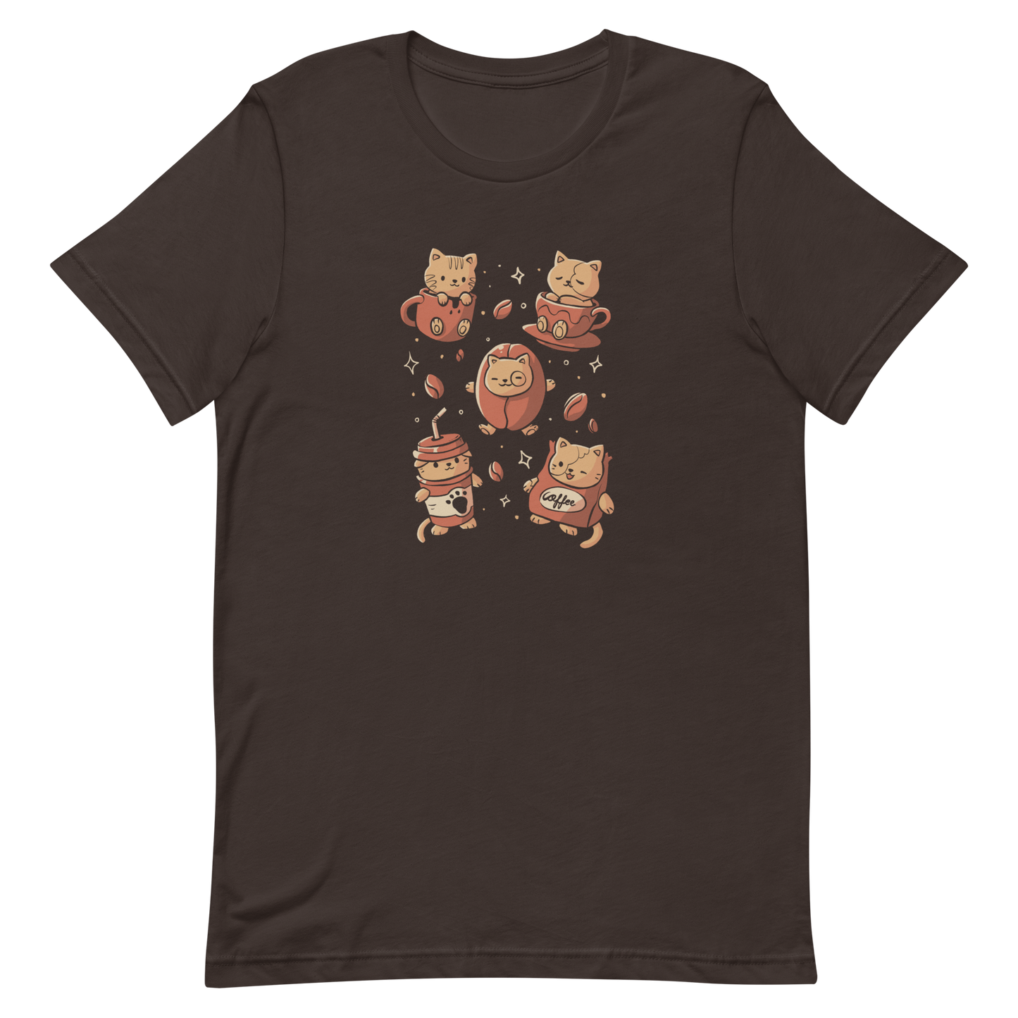 The design shows cute kittens interacting with coffee-themed elements. One kitten sits in a mug, another in a cup, a third in a coffee bean, while two wear coffee cup and bag costumes. The style is playful and cartoonish with a warm color palette and whimsical coffee beans scattered around.