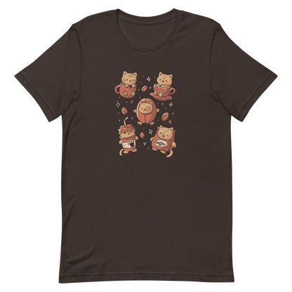 The design shows cute kittens interacting with coffee-themed elements. One kitten sits in a mug, another in a cup, a third in a coffee bean, while two wear coffee cup and bag costumes. The style is playful and cartoonish with a warm color palette and whimsical coffee beans scattered around.