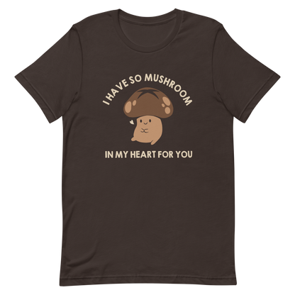 A chubby mushroom with a big smile and a tiny heart sits happily under the phrase “I have so mushroom in my heart for you”. This playful pun combines cuteness and affection in the most charming way possible. Perfect for nature lovers, pun fans, and anyone who enjoys a touch of adorable humor.