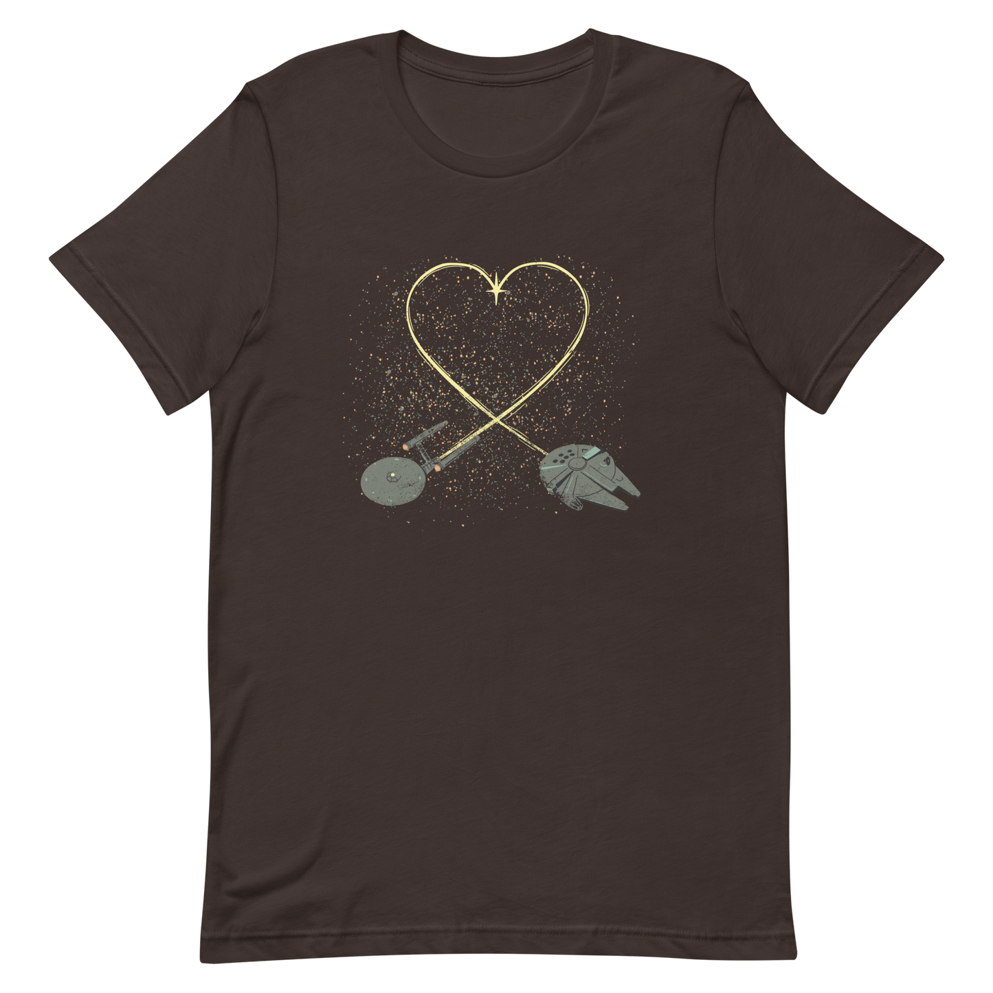 A romantic sci-fi illustration of two retro-inspired spaceships flying through space, their trails forming a heart shape. A subtle tribute to classic science fiction adventures, perfect for sci-fi fans who love a touch of romance.