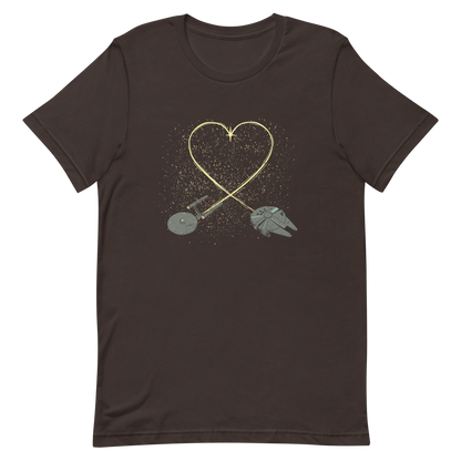 A romantic sci-fi illustration of two retro-inspired spaceships flying through space, their trails forming a heart shape. A subtle tribute to classic science fiction adventures, perfect for sci-fi fans who love a touch of romance.