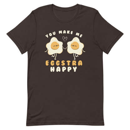 A fun and cute art of two bouncy starry eggs as if they were lovers, next to them the phrase "You make me eggstra happy". A humorous gift that combines love and eggs.
