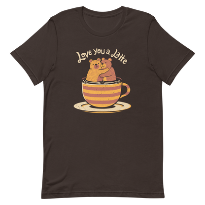 A cute Valentine’s Day illustration featuring two teddy bears hugging inside a cup of black coffee, paired with the phrase “I Love You a Latte”. A sweet and cosy design for coffee lovers, bear fans, and anyone who enjoys playful, romantic humour.

