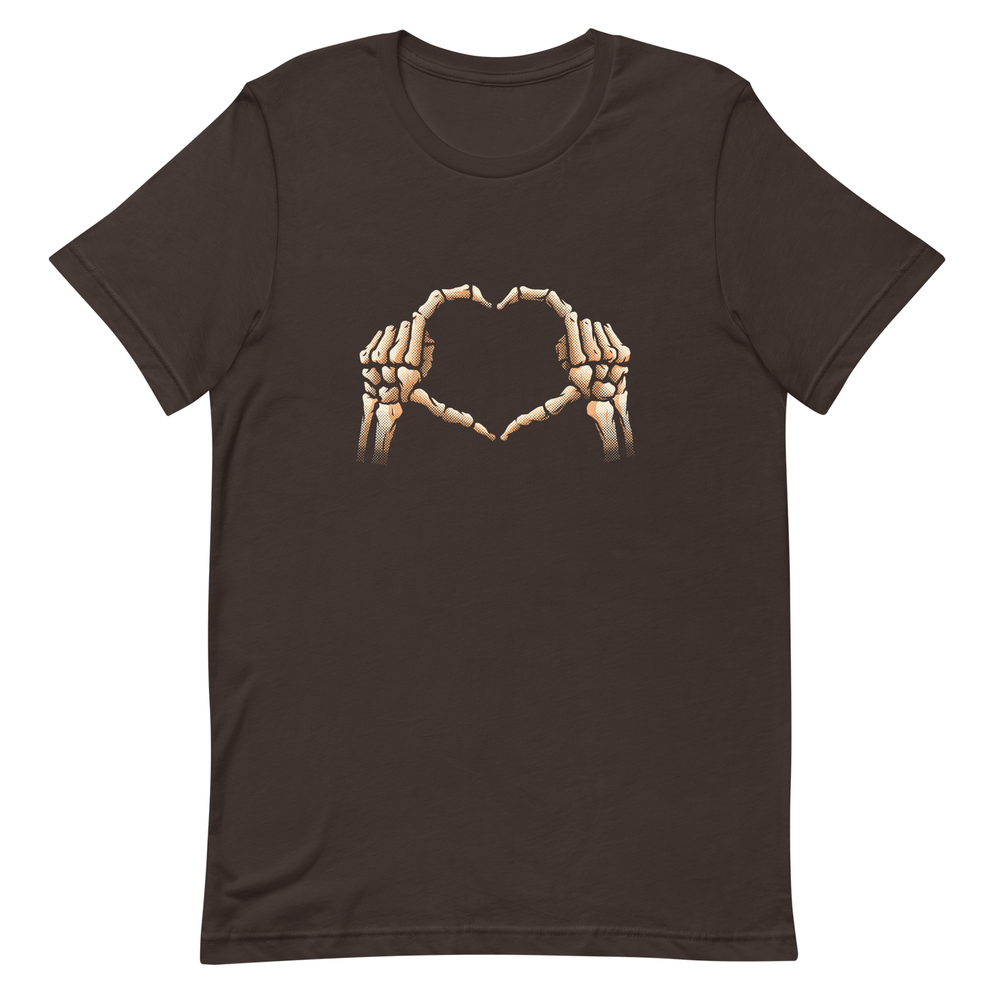Two skeleton hands forming a heart with their fingers, an art that combines humor with love and is perfect for those who love Halloween.