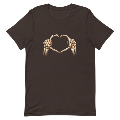 Two skeleton hands forming a heart with their fingers, an art that combines humor with love and is perfect for those who love Halloween.