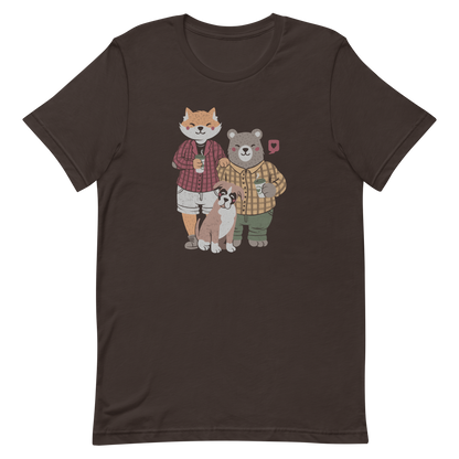 A beautiful family made up of a little red fox, a gray bear wearing plaid shirts and having a coffee with their boxer dog. An art that shows that families can be different what matters is love.