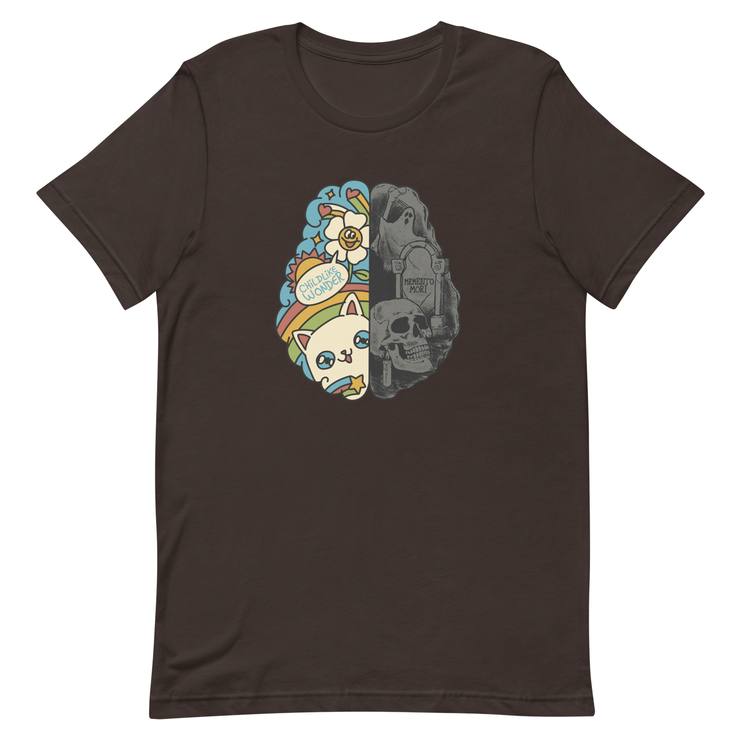 This artwork depicts a split brain, one side cheerful and vibrant with a cute cat, rainbows, and the phrase "Childlike Wonder," the other dark and gothic with skulls and the inscription "Memento Mor". It represents the duality between life and mortality, joy and decay. A perfect choice for fans of art with a macabre yet cute touch, psychological themes, and people who have an inner duality.