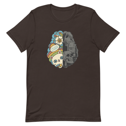 This artwork depicts a split brain, one side cheerful and vibrant with a cute cat, rainbows, and the phrase "Childlike Wonder," the other dark and gothic with skulls and the inscription "Memento Mor". It represents the duality between life and mortality, joy and decay. A perfect choice for fans of art with a macabre yet cute touch, psychological themes, and people who have an inner duality.