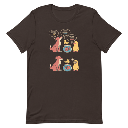 This funny and heartwarming illustration shows a dog, a bird, a fish and a duck each wishing they could do what the others can — fly, swim or walk. In the end, the duck proudly realizes it can do all three, delivering a cute reminder to appreciate your own abilities. A perfect illustration for animal lovers and fans of positive, humorous art.