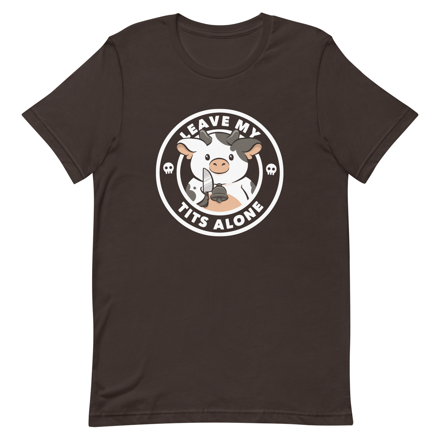 A quirky stamp-style design featuring a cute spotted cow holding a knife with the phrase “Leave My Tits Alone.” It mixes humor, attitude, and a playful call for animal respect. Perfect for cow lovers, fans of sassy humor, and anyone who supports animal rights.