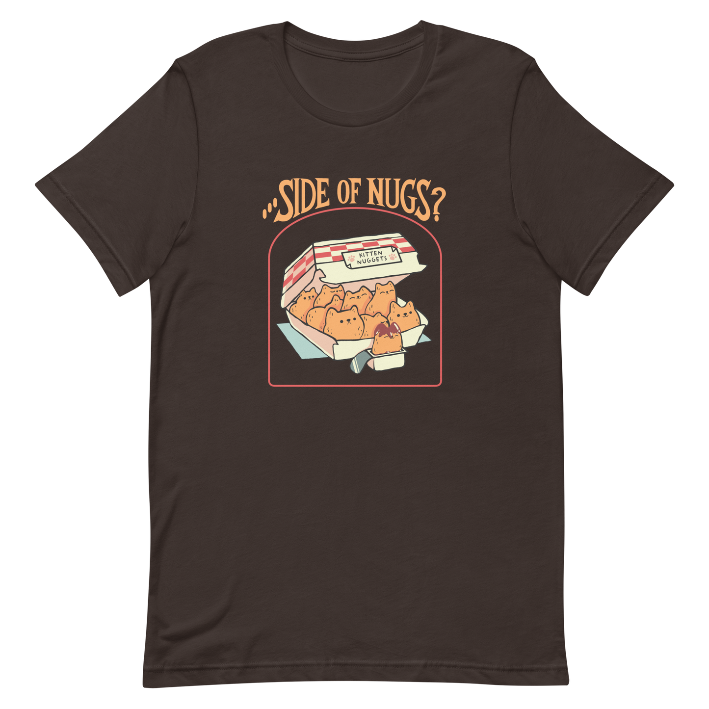 A box of cute, cat-shaped chicken nuggets, with the text "side of nugs?" on top. A work of art that blends humor, kittens, and fast food.