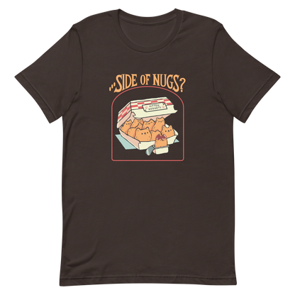 A box of cute, cat-shaped chicken nuggets, with the text "side of nugs?" on top. A work of art that blends humor, kittens, and fast food.