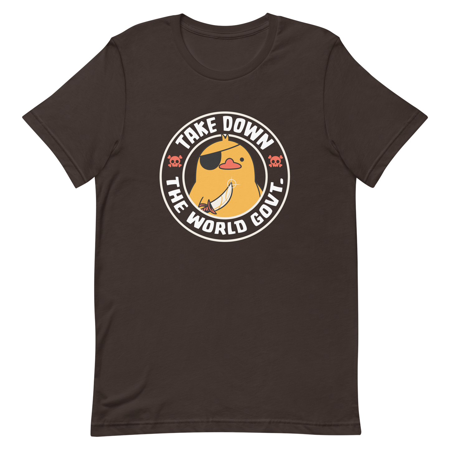 A stamp-like design featuring a fearless duck wearing an eyepatch and wielding a sword, with the words “Take Down The World Govt.” written around it. This artwork represents rebellion and independence for those who refuse to follow rules . Ideal for free-spirited people, pirate adventures appreciators, duck lovers or those who simply enjoy unique and irreverent art.