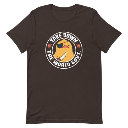 A stamp-like design featuring a fearless duck wearing an eyepatch and wielding a sword, with the words “Take Down The World Govt.” written around it. This artwork represents rebellion and independence for those who refuse to follow rules . Ideal for free-spirited people, pirate adventures appreciators, duck lovers or those who simply enjoy unique and irreverent art.