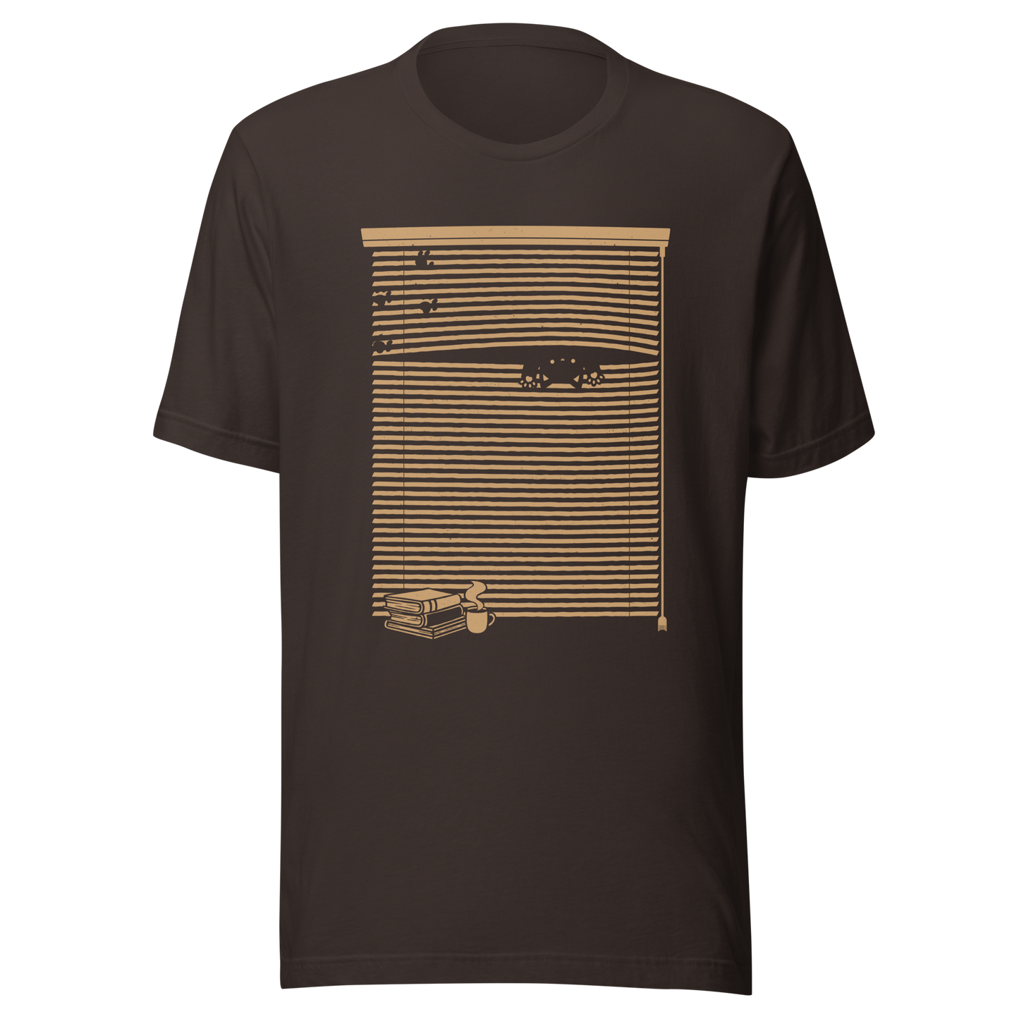 A Venetian blind with a stack of books in front of it and a small black cat peeking through a gap as if spying on the outside world. A charming and playful piece of art, perfect for cat owners, book lovers, and anyone who enjoys cozy, whimsical illustrations.