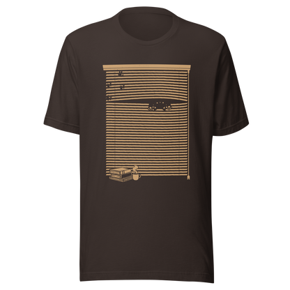A Venetian blind with a stack of books in front of it and a small black cat peeking through a gap as if spying on the outside world. A charming and playful piece of art, perfect for cat owners, book lovers, and anyone who enjoys cozy, whimsical illustrations.