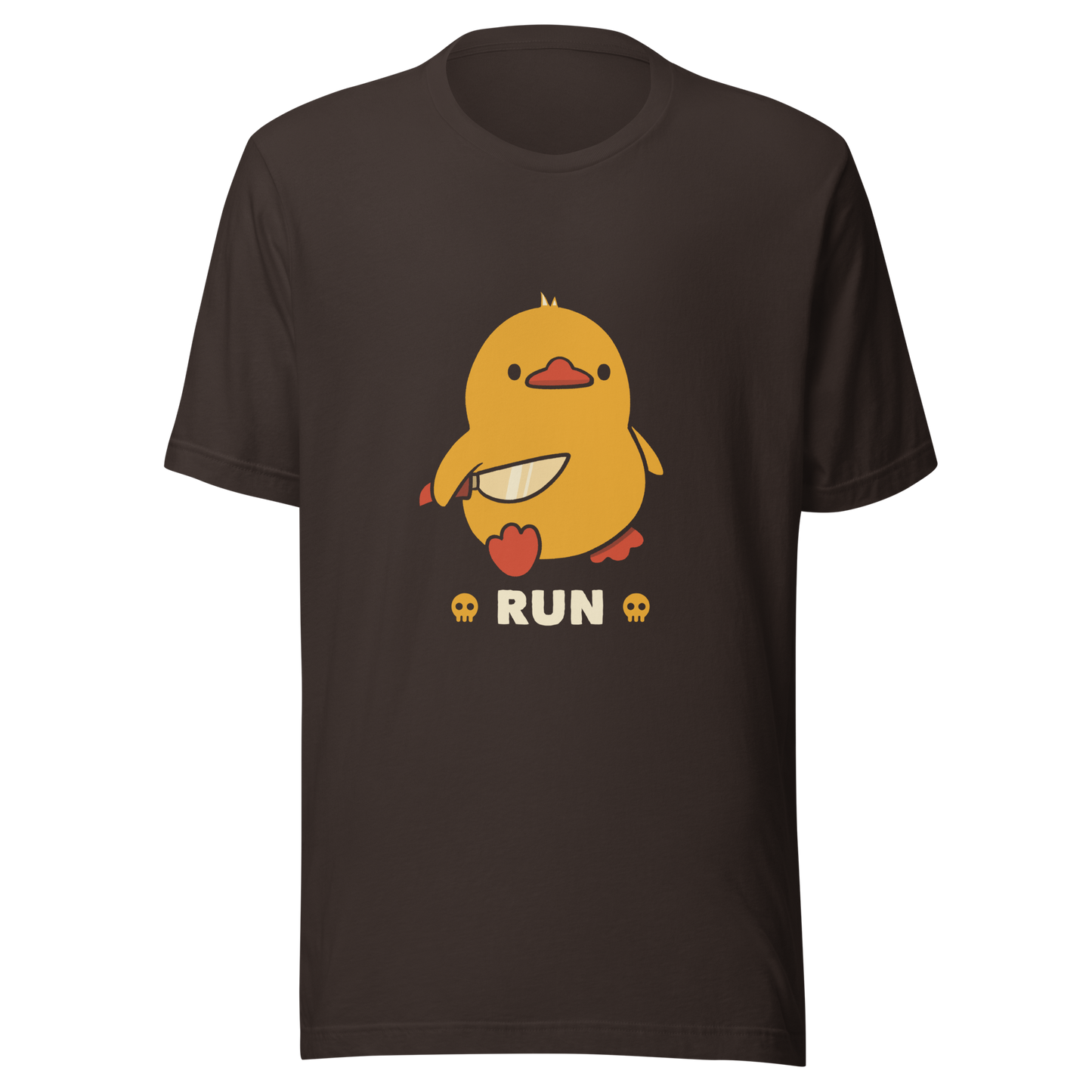 A cute yellow duck holding a small knife, with the text "Run" below it. This artwork blends humor with the ducks temperament.