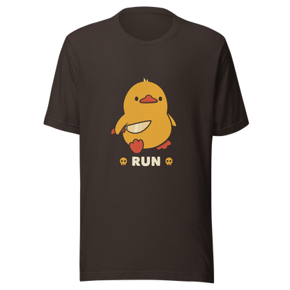 A cute yellow duck holding a small knife, with the text "Run" below it. This artwork blends humor with the ducks temperament.