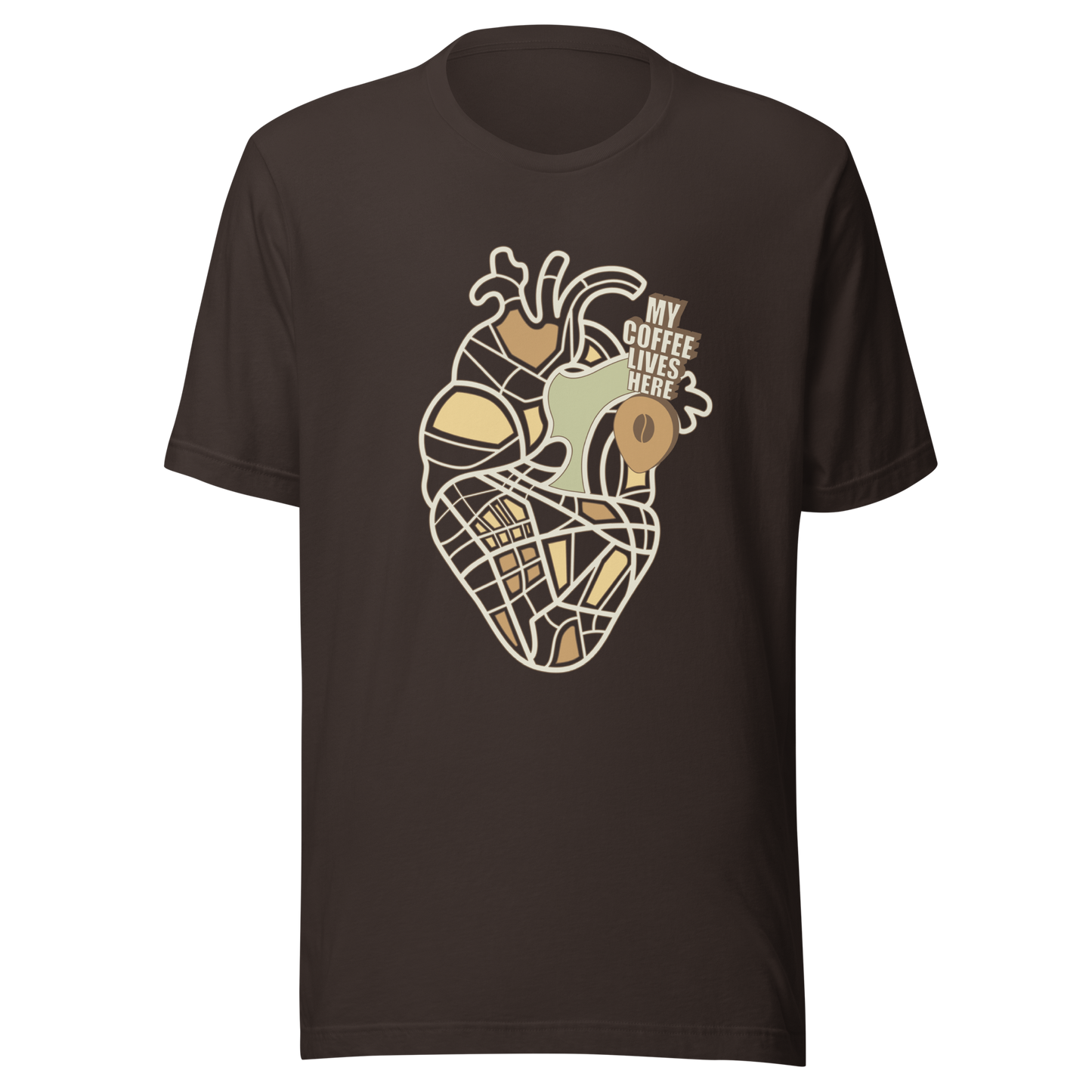 An anatomical heart illustrated like a map, marked with a small coffee-bean pin beside the phrase “My Coffee Lives Here”. A symbolic and cozy design that blends warmth and creativity, perfect for coffee lovers who treat their favorite brew as the fuel that keeps their heart beating.