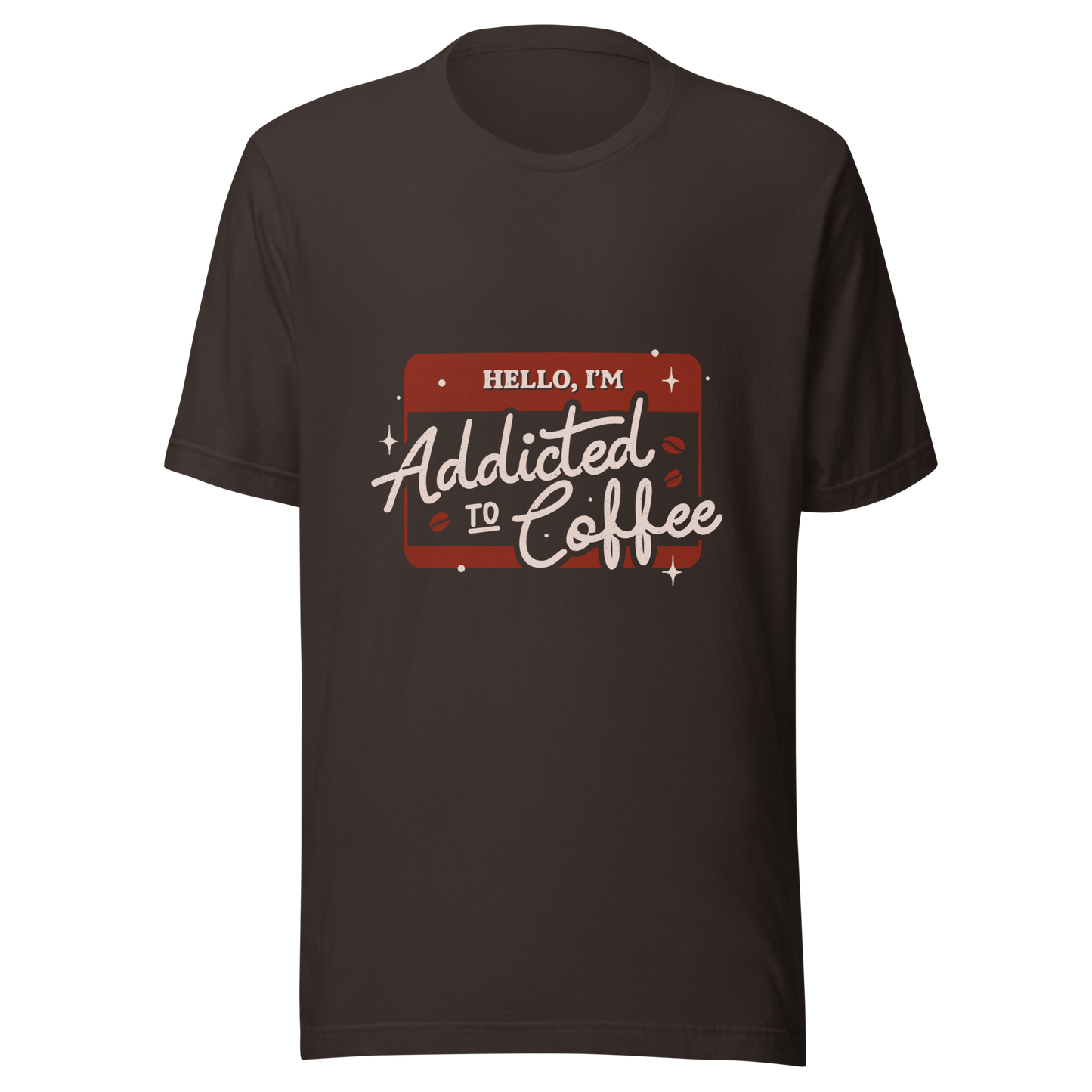 A vintage badge in shades of red with the phrase "Hello, I'm Addicted to 
Coffee" in stylized typography. This design celebrates the passion for coffee 
with a touch of humor. Perfect for coffee lovers, baristas, and everyone who only functions after the first cup.