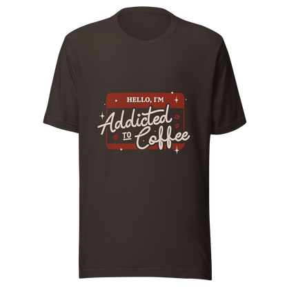A vintage badge in shades of red with the phrase "Hello, I'm Addicted to 
Coffee" in stylized typography. This design celebrates the passion for coffee 
with a touch of humor. Perfect for coffee lovers, baristas, and everyone who only functions after the first cup.