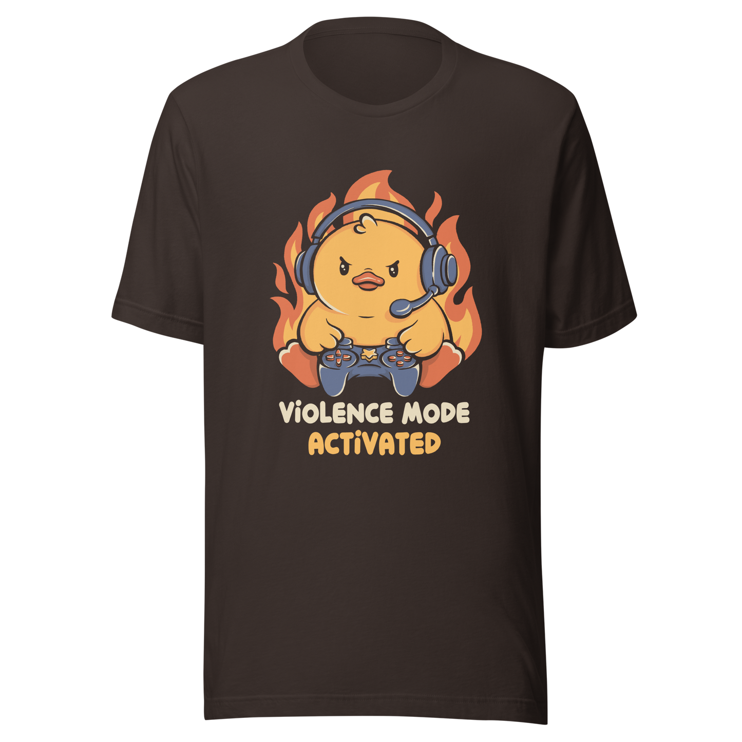A determined duck, with flames behind it, wearing a gaming headset and holding a controller with intense focus. This design captures the humorous intensity of going full "violence mode" during competitive matches. Perfect for gamers, streamers, and fans of bold and fun geek designs.