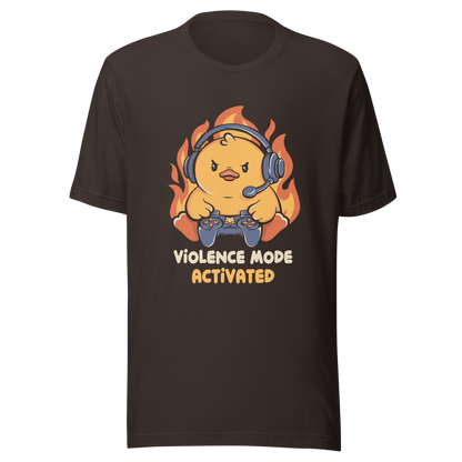 A determined duck, with flames behind it, wearing a gaming headset and holding a controller with intense focus. This design captures the humorous intensity of going full "violence mode" during competitive matches. Perfect for gamers, streamers, and fans of bold and fun geek designs.