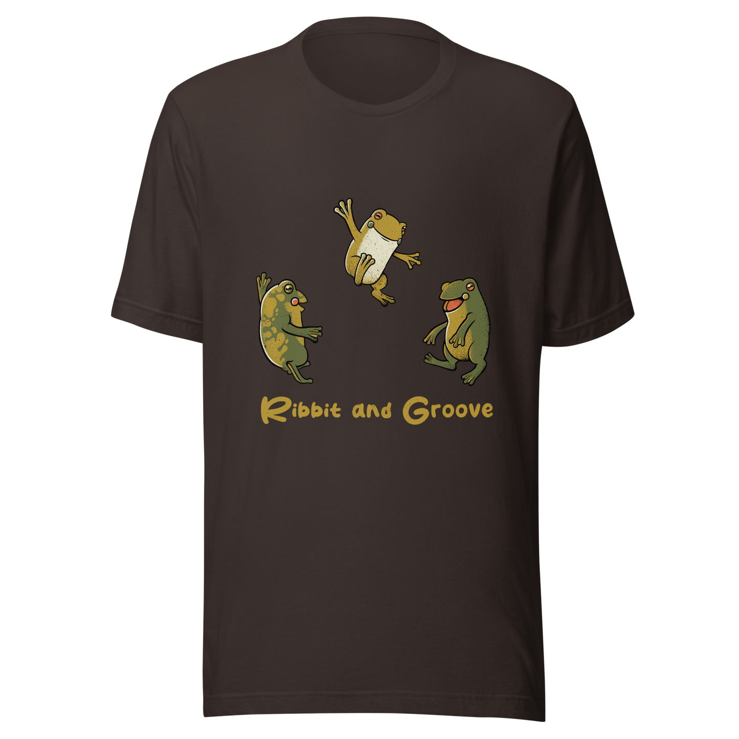 Three frogs dancing as if performing a ritual, with ‘Ribbit and Groove’ written below. A playful design that mixes humor and frogs. Perfect for frog lovers, music fans, and anyone who enjoys fun prints.