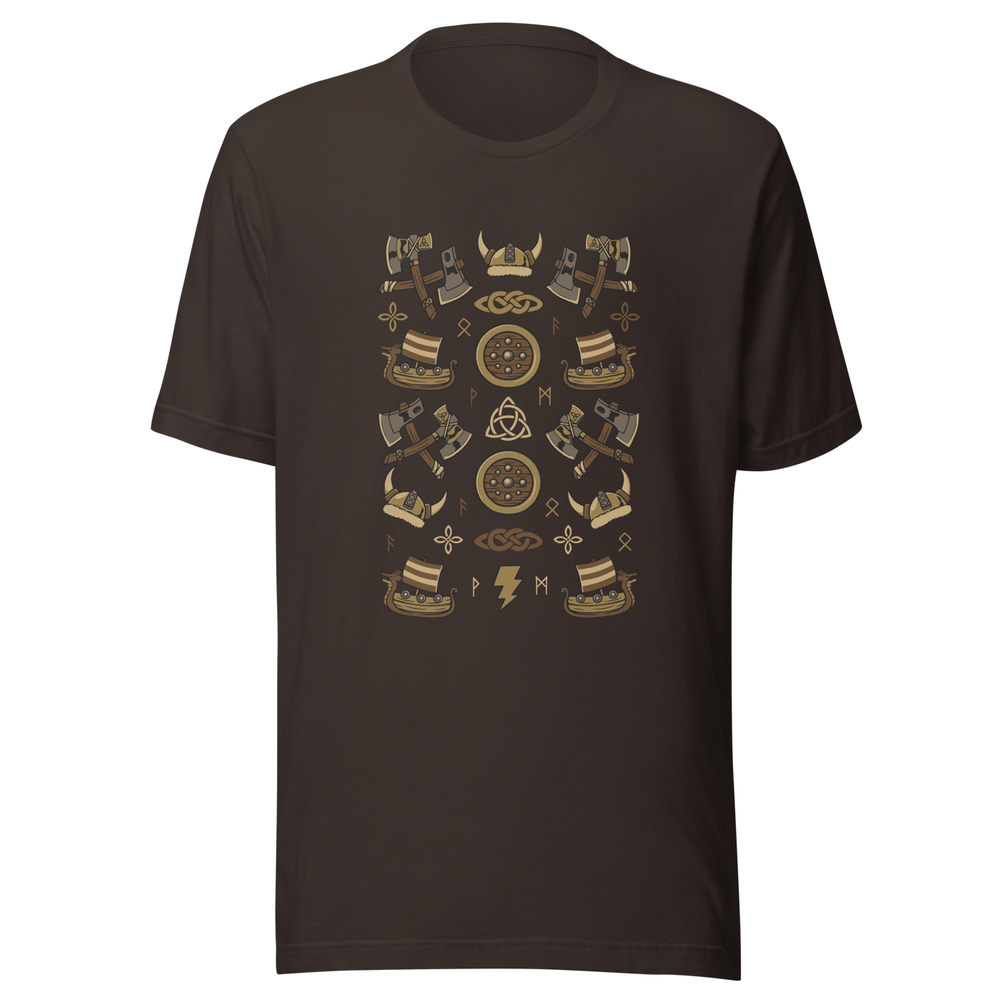 The artwork features a symmetrical illustration with axes, wooden shields, Viking helmets, longships, and runes in earthy tones on a dark background. Each element reinforces the classic Nordic aesthetic, blending iconic symbols with a detailed and super harmonious cartoon style. Perfect for fans of Viking culture, Norse mythology, RPGs, and anyone who loves prints with an epic and stylized vibe.