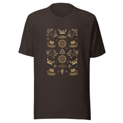 The artwork features a symmetrical illustration with axes, wooden shields, Viking helmets, longships, and runes in earthy tones on a dark background. Each element reinforces the classic Nordic aesthetic, blending iconic symbols with a detailed and super harmonious cartoon style. Perfect for fans of Viking culture, Norse mythology, RPGs, and anyone who loves prints with an epic and stylized vibe.