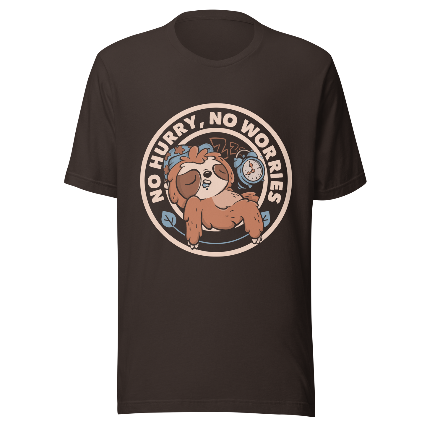 This cute artwork features a sleepy sloth wearing a sleeping cap with an alarm clock next to it and the phrase "no hurry, no worries" around it. This design celebrates the pleasure of slowing down and living without haste. Perfect for those who love light vibes, lazy humor, and prints that embrace a tired soul.
