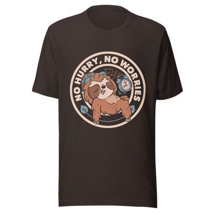 This cute artwork features a sleepy sloth wearing a sleeping cap with an alarm clock next to it and the phrase "no hurry, no worries" around it. This design celebrates the pleasure of slowing down and living without haste. Perfect for those who love light vibes, lazy humor, and prints that embrace a tired soul.