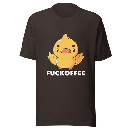 A cute yellow duckling with a mean face showing his middle fingers, next to it the phrase "Fuckoffee". An art with humor for those who love ducks.
