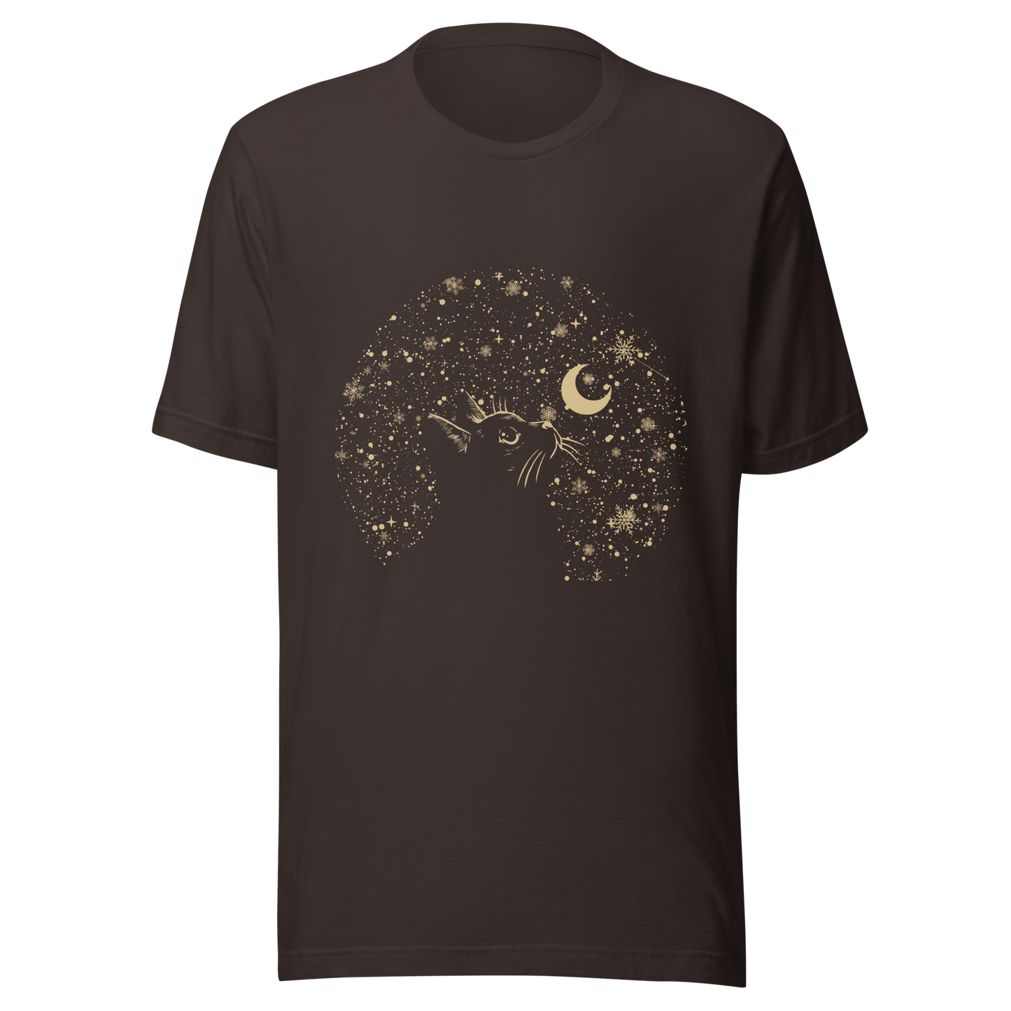 A minimalist artwork featuring a kitten in profile, gazing at the crescent moon on a quiet, moonlit night. A poetic piece, perfect for those who love cats and a slightly melancholic winter atmosphere.