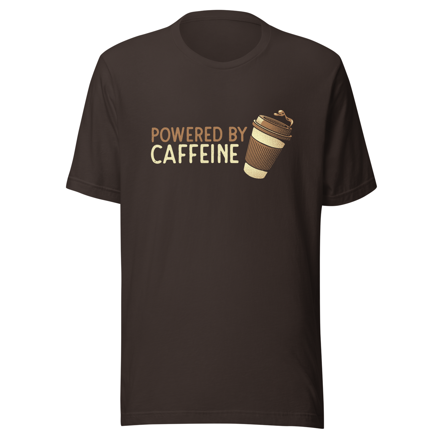 A steaming coffee cup tilts playfully beside the phrase “Powered by Caffeine,” written in bold, vintage-style lettering. This design perfectly captures the spirit of those who run entirely on coffee and determination. Ideal for caffeine lovers, coffee addicts and anyone who can’t start the day without their favorite brew.