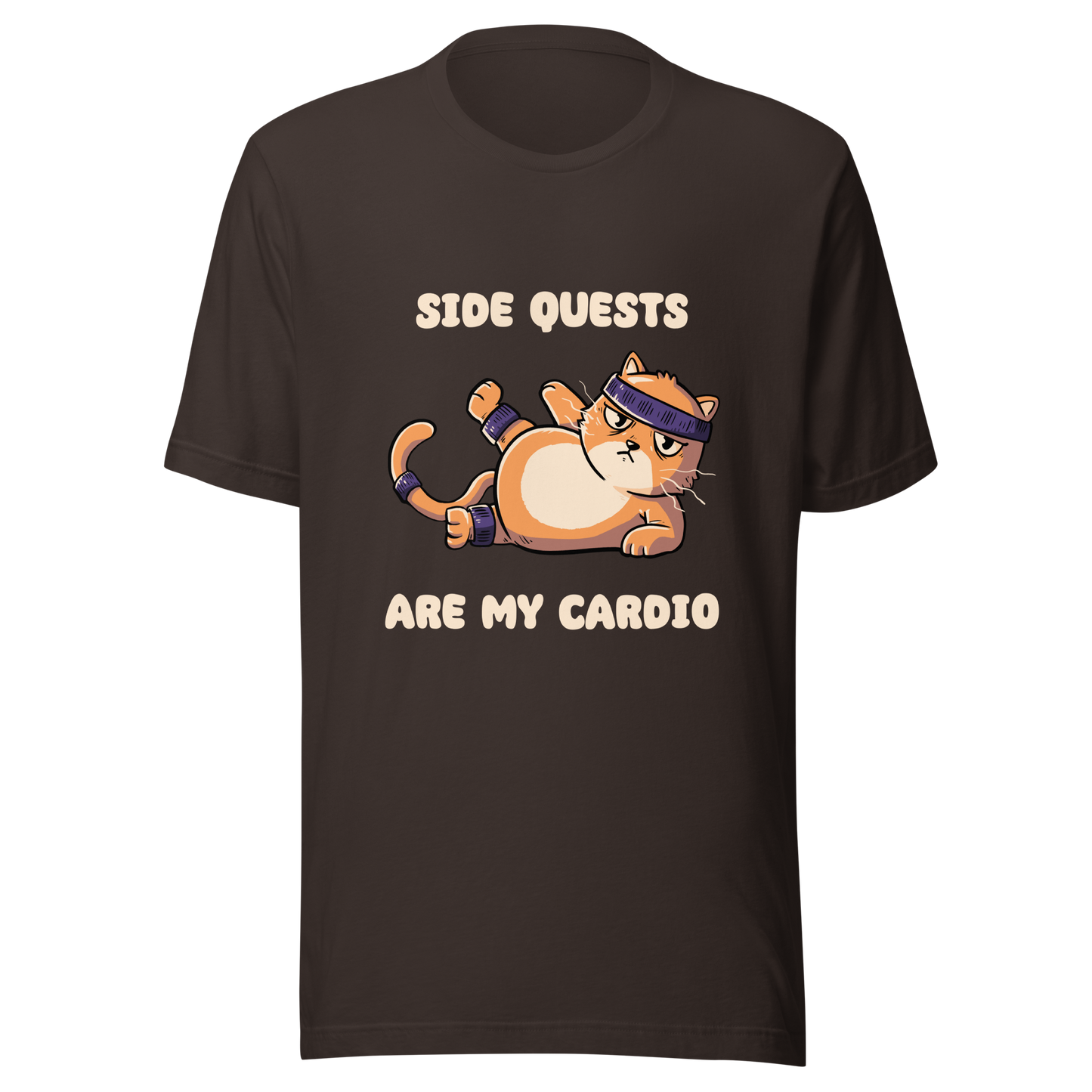 An orange kitten in gym clothes doing an aerobic workout, paired with the phrase ‘Side Quests Are My Cardio Gym Cat’. A humorous design that mixes cats, gaming vibes and fitness irony, perfect for those who prefer playful side quests over serious workouts.
