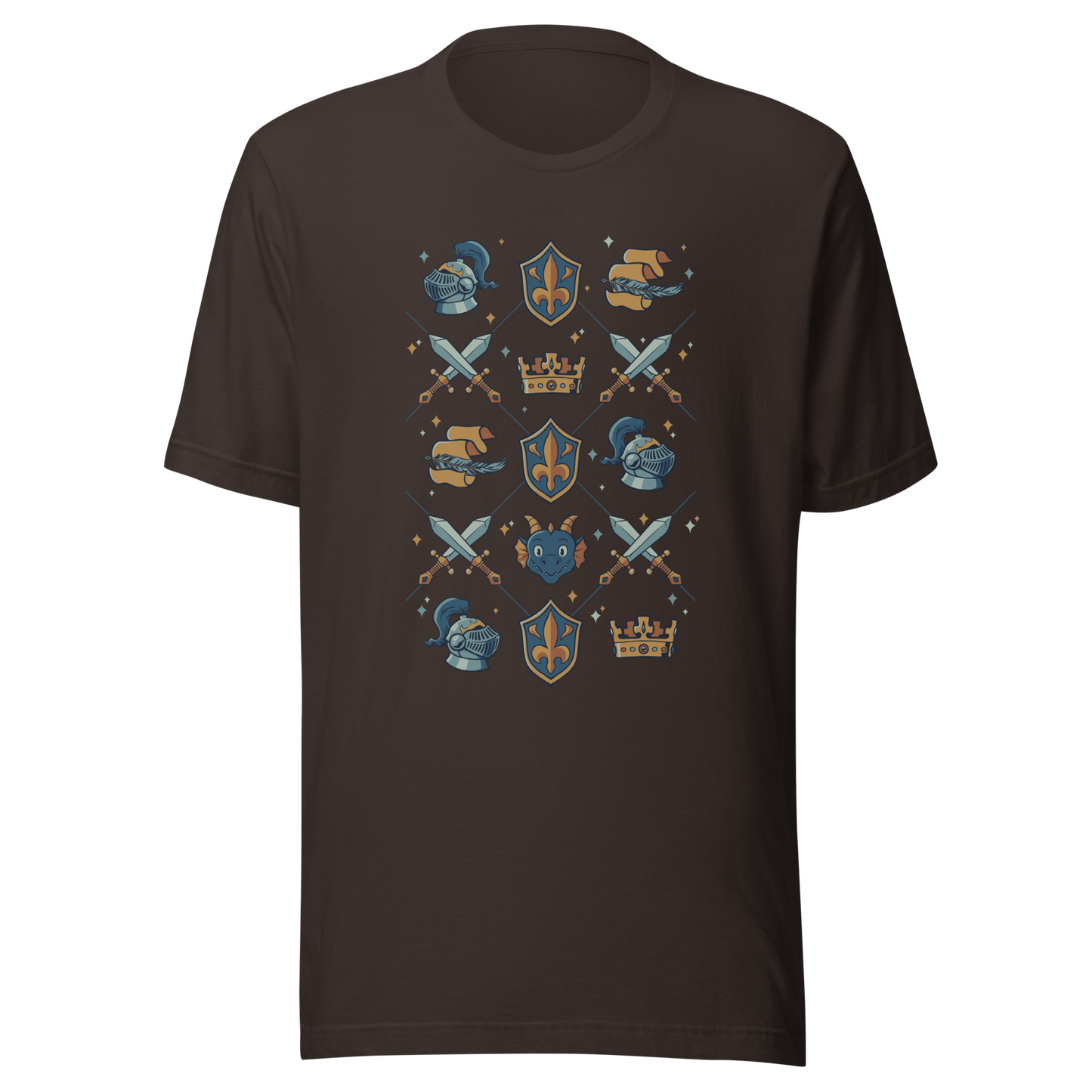 The artwork features swords, knight's helmets, crowns and dragons. Blending medieval fantasy with classic symbols of bravery, royalty, and magic, creating a strong and elegant composition. Ideal for fans of epic fantasy, knights, dragons, and anyone who loves prints with a heroic and stylish vibe.