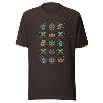 The artwork features swords, knight's helmets, crowns and dragons. Blending medieval fantasy with classic symbols of bravery, royalty, and magic, creating a strong and elegant composition. Ideal for fans of epic fantasy, knights, dragons, and anyone who loves prints with a heroic and stylish vibe.