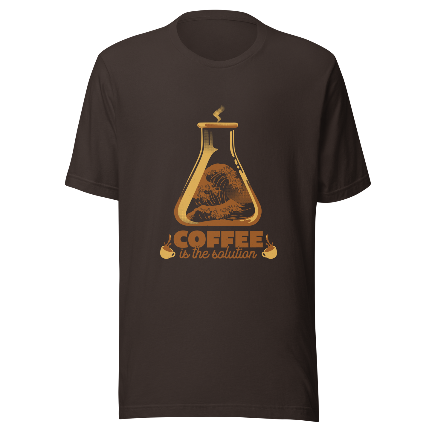 A stylized laboratory flask holding a powerful ocean wave, paired with bold retro typography reading ‘Coffee is the solution’. A playful design that blends science, humor, and coffee culture, perfect for coffee lovers, scientists, students, and anyone who believes caffeine solves most daily problems.