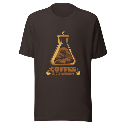 A stylized laboratory flask holding a powerful ocean wave, paired with bold retro typography reading ‘Coffee is the solution’. A playful design that blends science, humor, and coffee culture, perfect for coffee lovers, scientists, students, and anyone who believes caffeine solves most daily problems.