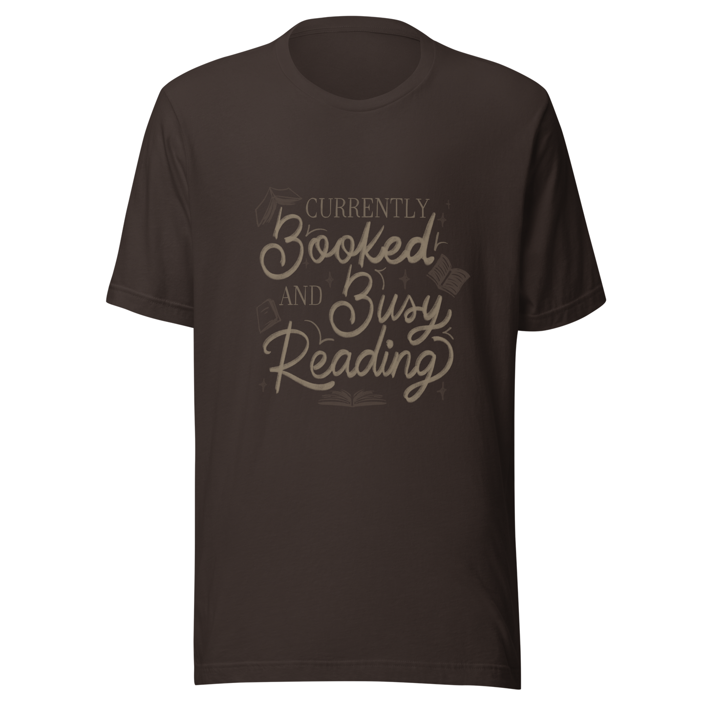 A warm hand-lettered typography featuring the phrase ‘Currently Booked and Busy Reading’, accented with delicate book illustrations and subtle sparkles on a dark background. A cozy, elegant design that celebrates the joy of reading, perfect for book lovers, students, introverts, and anyone who would rather be reading.