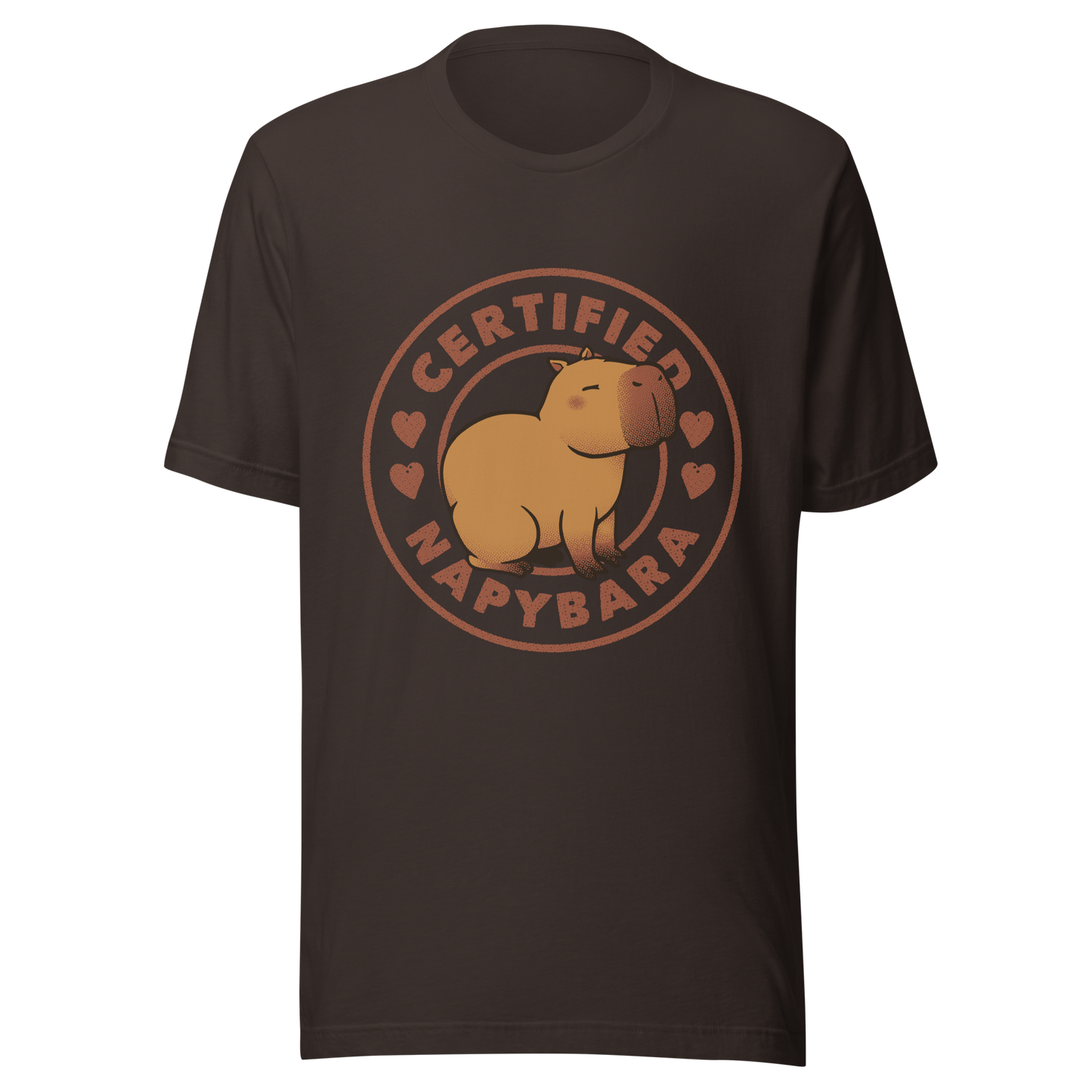 An art piece in warm beige and brown tones featuring a relaxed, sleepy capybara sitting peacefully beside the phrase “Certified Napybara”. A cozy, humorous design perfect for anyone who relates to slow days, loves capybaras, and fully embraces the art of taking naps.