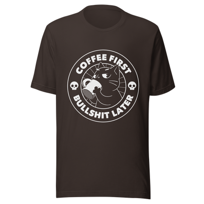 A black cat enjoys a hot cup of coffee, surrounded by the phrase “Coffee First Bullshit Later” adorned with skulls. This design combines dark humor with a touch of humor, perfect for those who face the day with equal doses of coffee and sarcasm. Made for lovers of felines, sarcasm and that extra dose of morning caffeine.