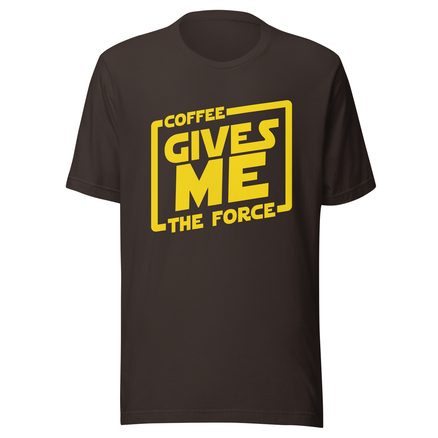 An artwork in yellow inspired by classic space adventure movies, featuring the phrase “Coffee Gives Me The Force”. A fun design for coffee lovers, sci-fi fans and anyone powered by caffeine and galaxy vibes.