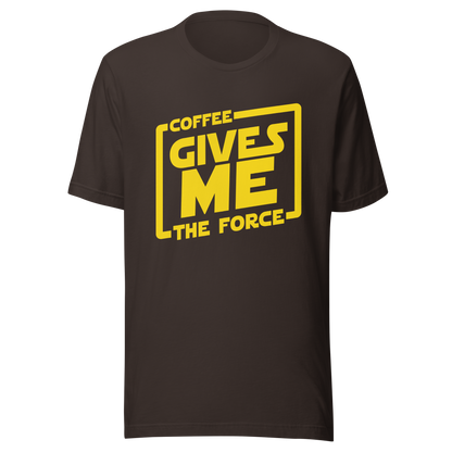 An artwork in yellow inspired by classic space adventure movies, featuring the phrase “Coffee Gives Me The Force”. A fun design for coffee lovers, sci-fi fans and anyone powered by caffeine and galaxy vibes.